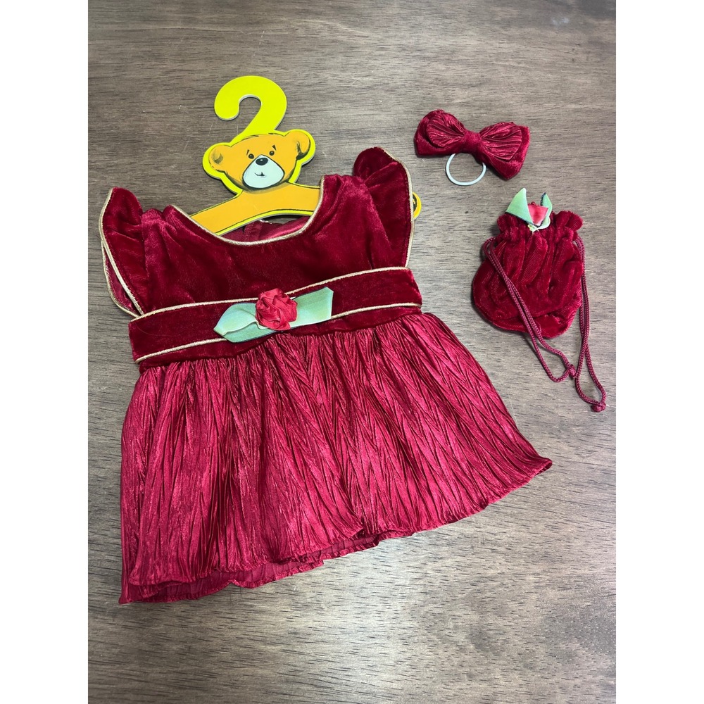 Build-A-Bear Workshop Dress Dark Red Maroon Velvet Pleated Holiday Purse Bow